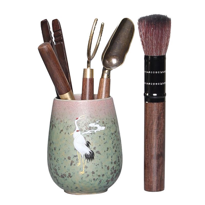 Kettle and Six Gentlemen Tea Ceremony Set - Coarse Pottery & Alloy Accessories