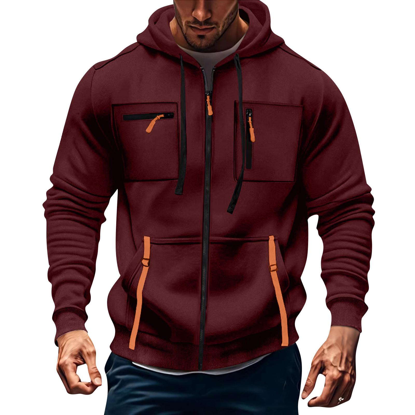 

Men s Hoodie Sweatshirt Pocket Decoration Men s Full Zip Solid Color Sweatshirt M винний