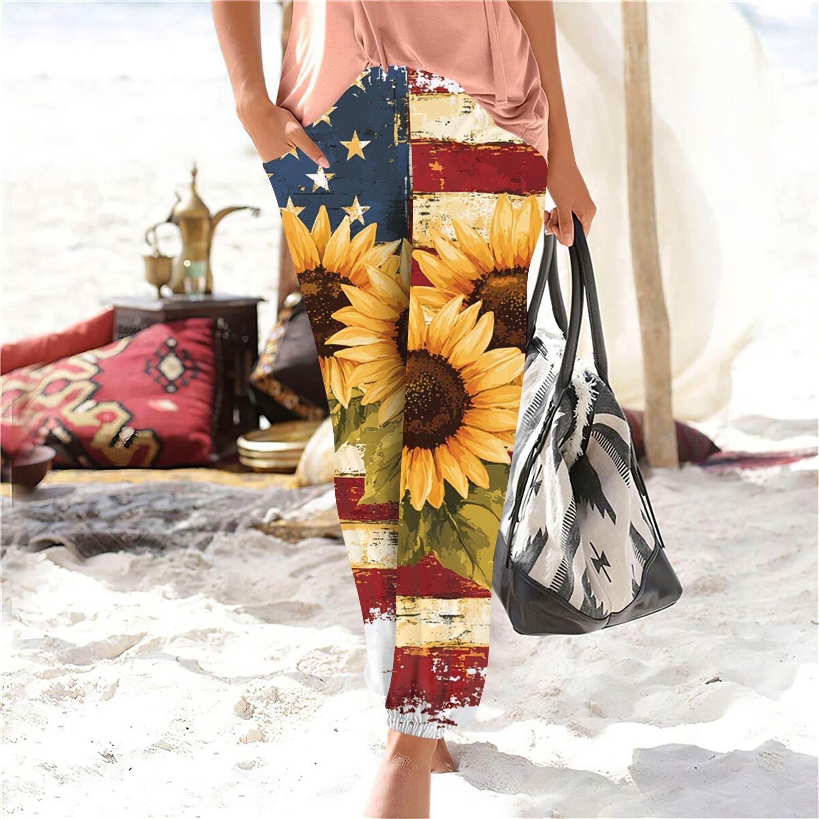 

Women s Casual Fashion Print Straight Leg Pants Pants With Pockets L шафрановый