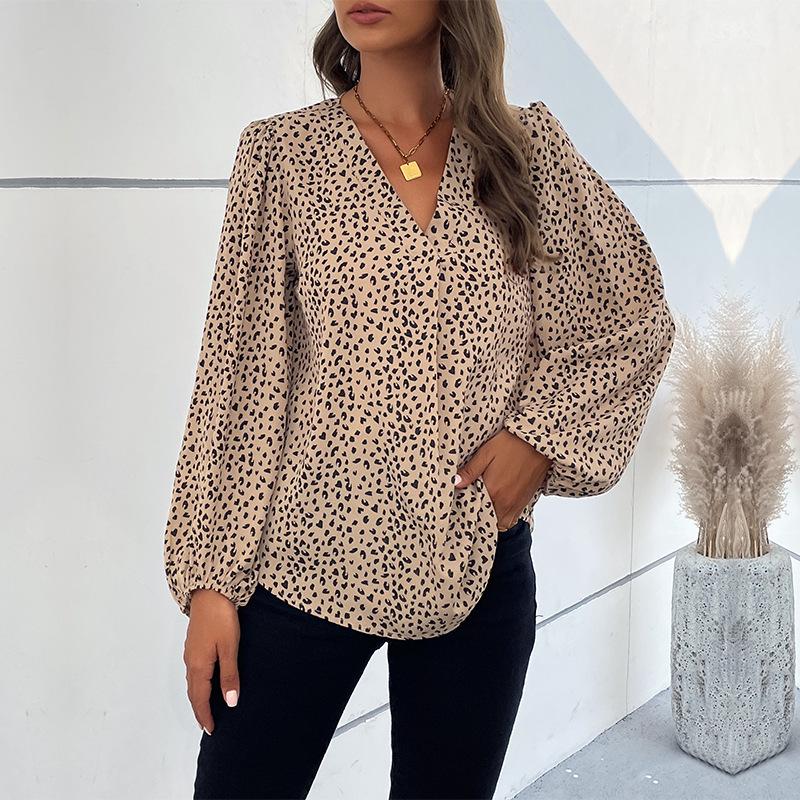 Women's 2024 Spring Leopard V-Neck Long Sleeve Commuting Top