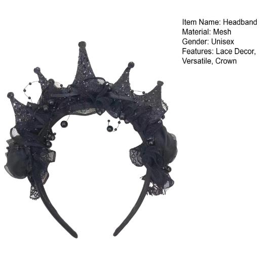 Women Headband Crown Lace Decor Hair Hoop Halloween Dark Style Elastic Headwear