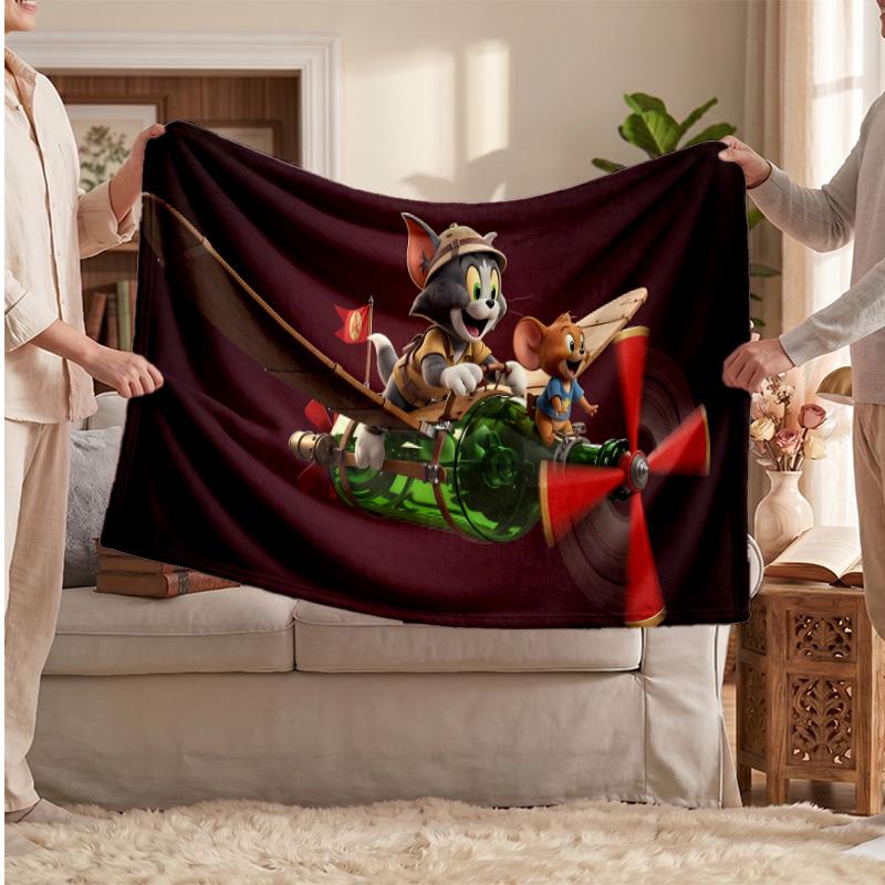 Tom and Jerry Printed Flannel Blanket, Skin Friendly Warm Throw for Indoor Couch Bed Daily Use