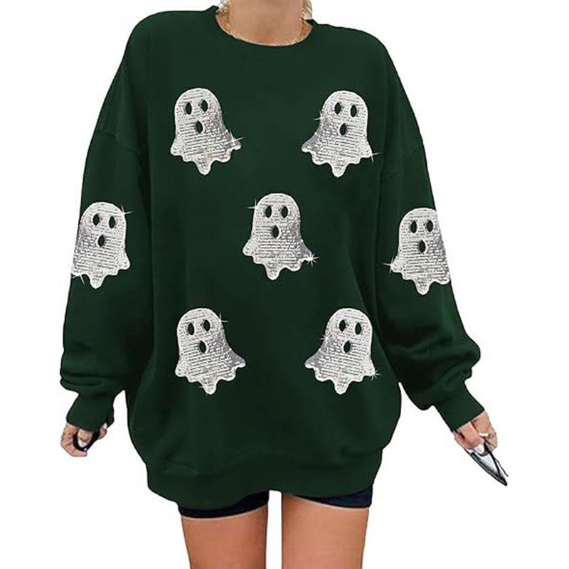 Hallowmas Ghost Print Long Sleeve Sweatshirt Women Crew Neck Oversized Pullover Top