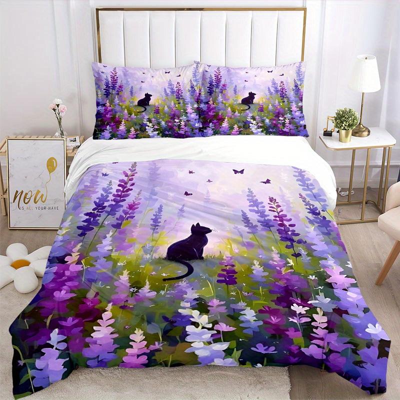 3Pcs Purple Flower Field Printed Bedding Set, Breathable And Soft,(Includes 1 Duvet Cover And 2 Pillowcases, Quilt Not Included) yy250815201