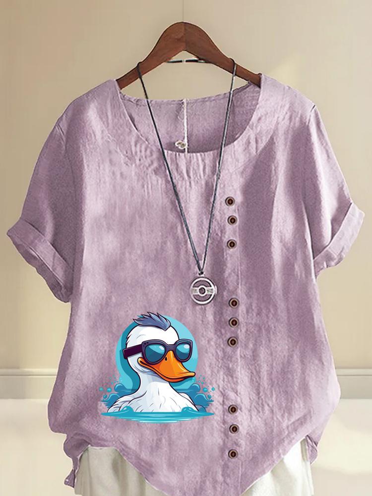 Women's Fashion Cool White Duck Print Casual Cotton Linen Short Sleeve Round Neck T-shirt Shirt Leisure Loose Summer Blouse Tops