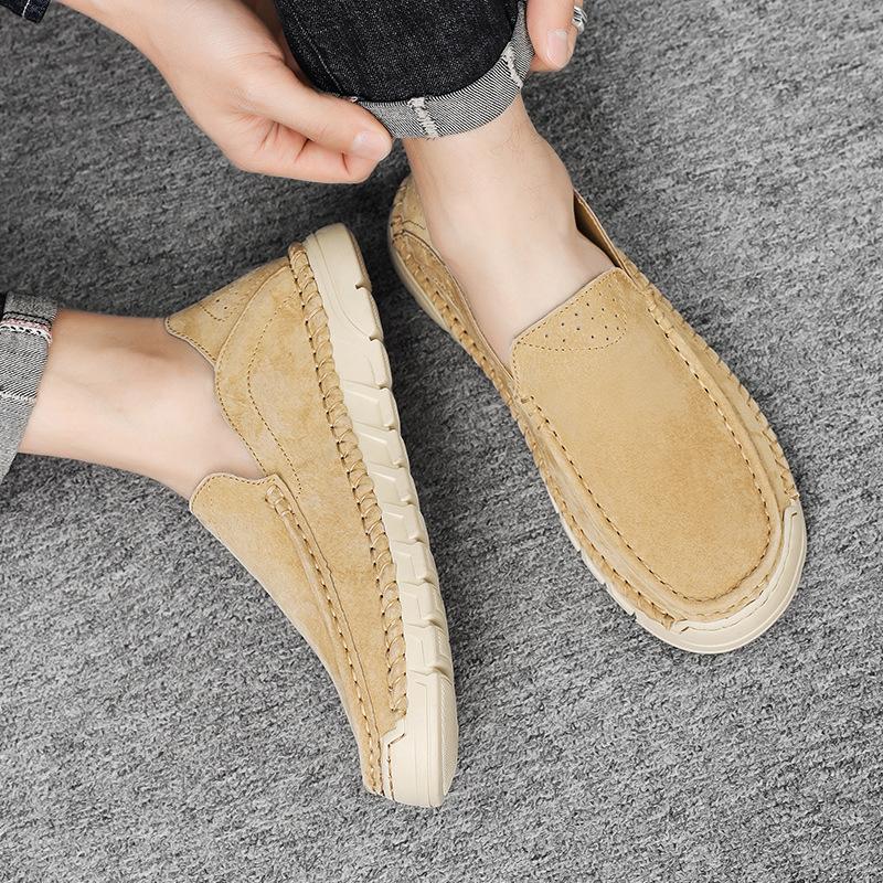 2025 New Summer One-pedal Lazy Doudou Shoes Foreign Trade Explosion Men's Hand-stitched Foot Casual Leather Shoes