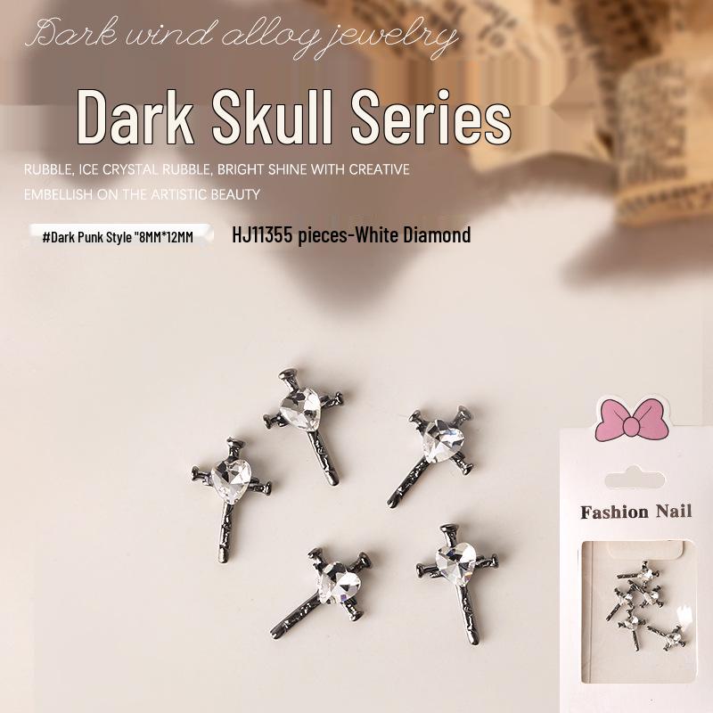 Dark Skull Retro Chrome Heart Scarlet Cross Nail Rhinestone Embellishments - 5 Pcs