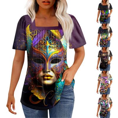 T Shirts For Women Pleated Square Neck Dressy Casual Blouses Printing Short Sleeve Summer Tops Loose Fit