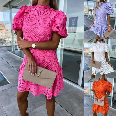 Women Dress Hollow Out Lace Stand Collar Bubble Sleeve Tight Waist See-through Double-layer Ankle Length Solid Color OL Commute Maxi Dress