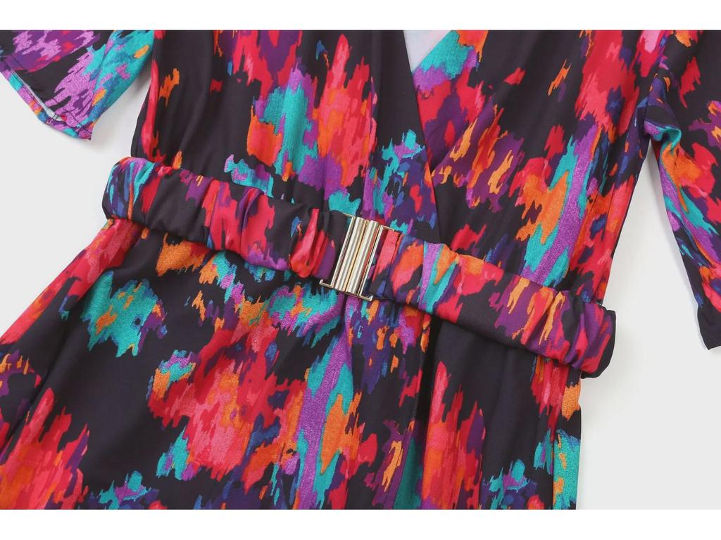 2023 Summer V-Neck Belted Print Long Dress