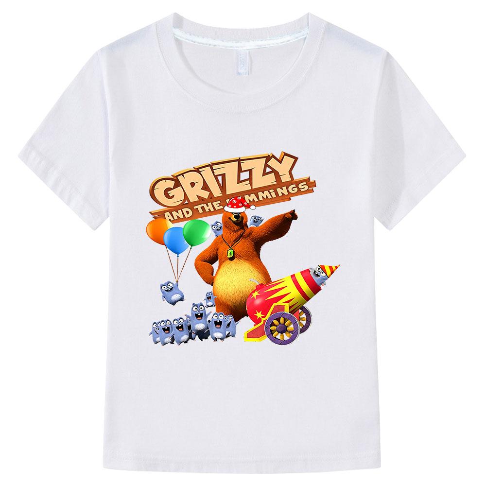 T-shirt per Bambini Grizzy e i Lemming 100% Cotone Stampa Cartone Animato Manica Corta Carina per Bambini e Bambine Top per Bambini 3-12 Anni Girocollo Magliette Estive Anime