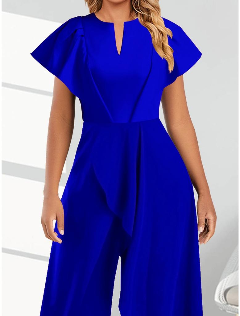 Women's V-Neck Asymmetrical Ruffle Shoulder Wide Leg Jumpsuit