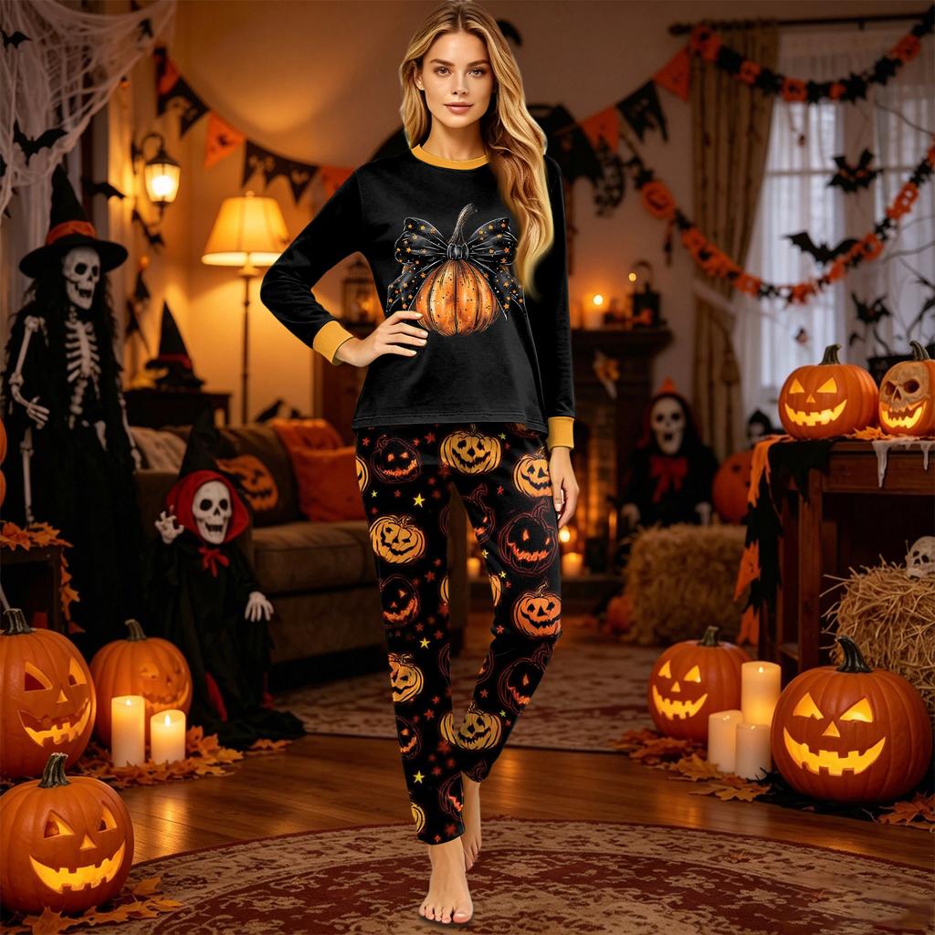 Halloween Pumpkin Print Family Pajama Set Long Sleeve Top and Pants Cozy Homewear Matching Outfits for Adults and Kids