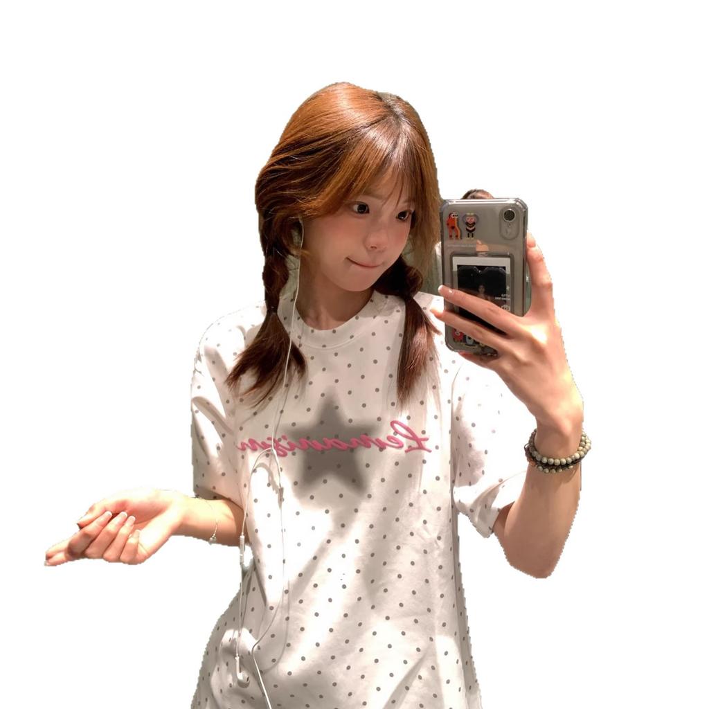 American-style High Street Full Polka Dot and Star Letter Short-sleeve T-shirt for Women, Summer Design Niche Loose Short-sleeve Top
