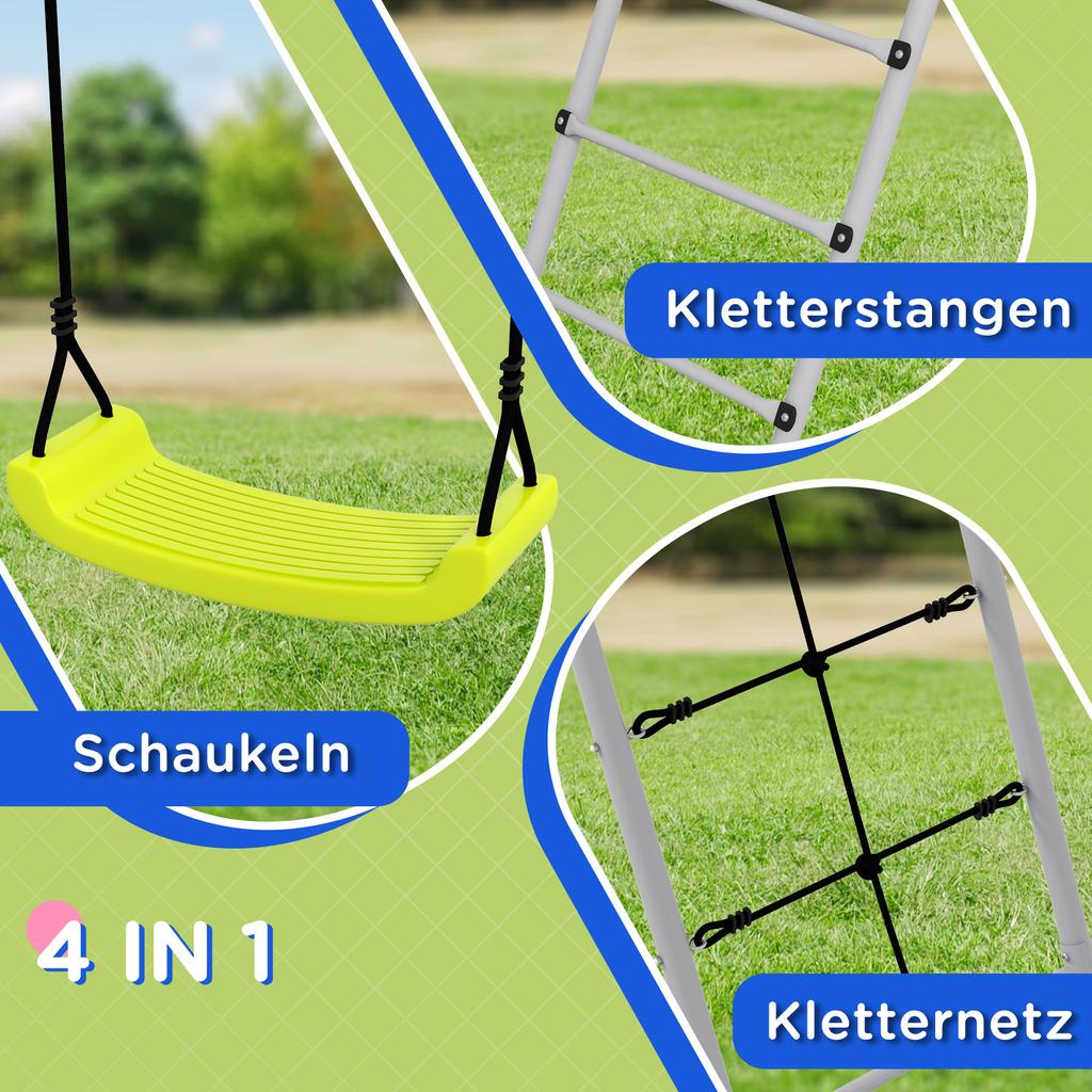Four-In-One Metal Garden Swing Set, with Two Swings, Climber, Climbing Net - Green