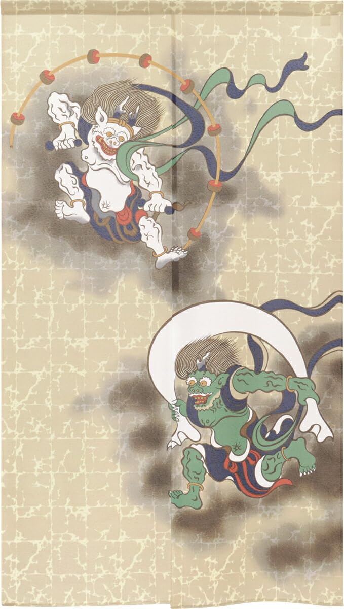 Noren Workshop Noren Japanese Style Tapestry Noren Traditional Width 85 x Length 150cm Fujin Raijin God and Thunder Lace Fabric 2087 Ukiyo-e