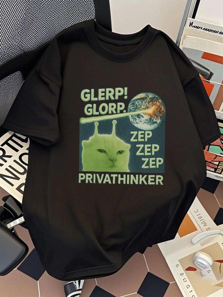 GREETINGS HUZZ letter printed men's T-shirt daily casual short sleeved men's cat emoji shirt top