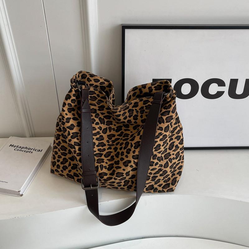 Ielgy Leopard Print Canvas Tote Bag Student Class Large Capacity Underarm Bag