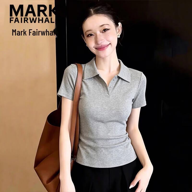 MARK FAIRWHALE Women s French Polo Collar Slim-Fit Short Sleeve T-Shirt L