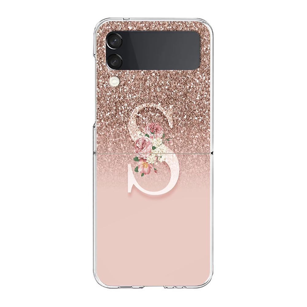 Letter Pink Shiny M R Phone Case For Samsung Galaxy Z Flip 3 4 5 Hard Folding Clear PC Bumper For Samsung Z Flip 6 Cover