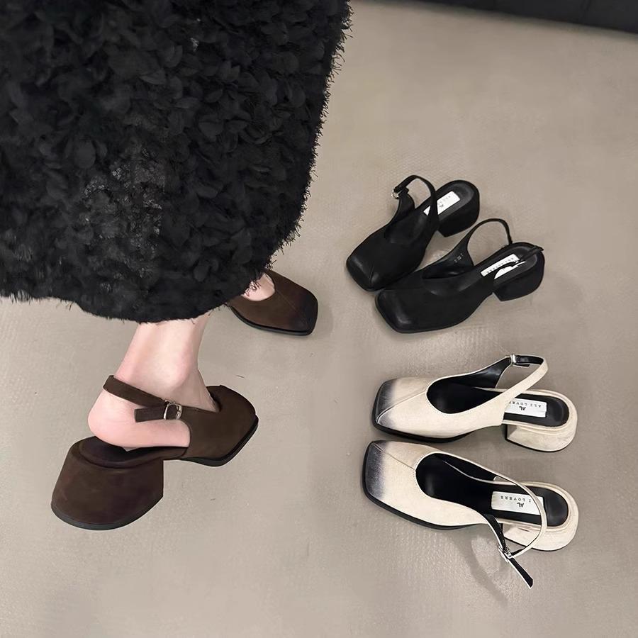 French Korean Version Square Head Thick Heel Bag Head Sandals Women's Shoes New Spring and Summer Temperament Retro High Heel Single Shoes