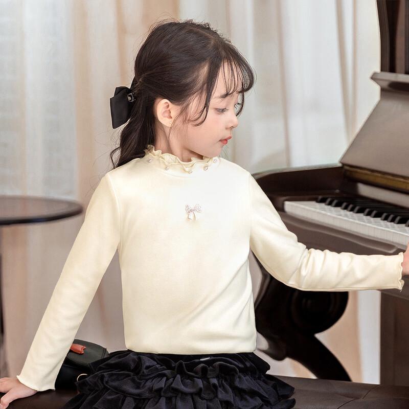 Girls' Thermal High-Neck Long Sleeve Shirt with Pearl Bow