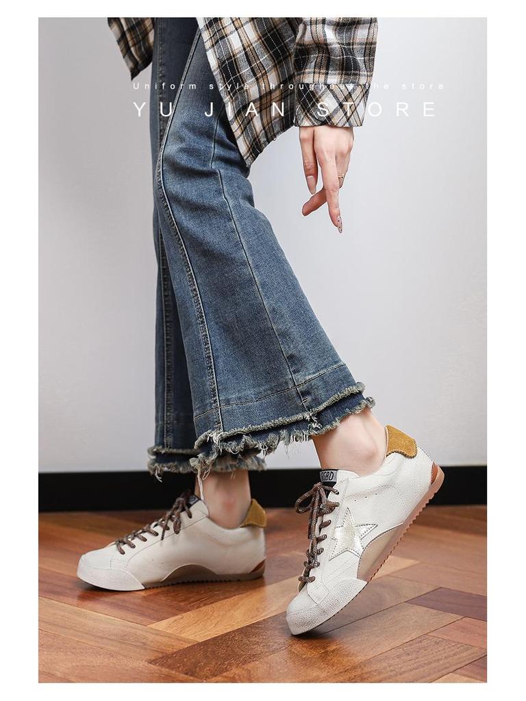 Women's Retro German Trainer: 2025 Genuine Leather Distressed Sneakers with Star, Mandarin Duck Stripe, Flat Bottom, Casual Skate Style