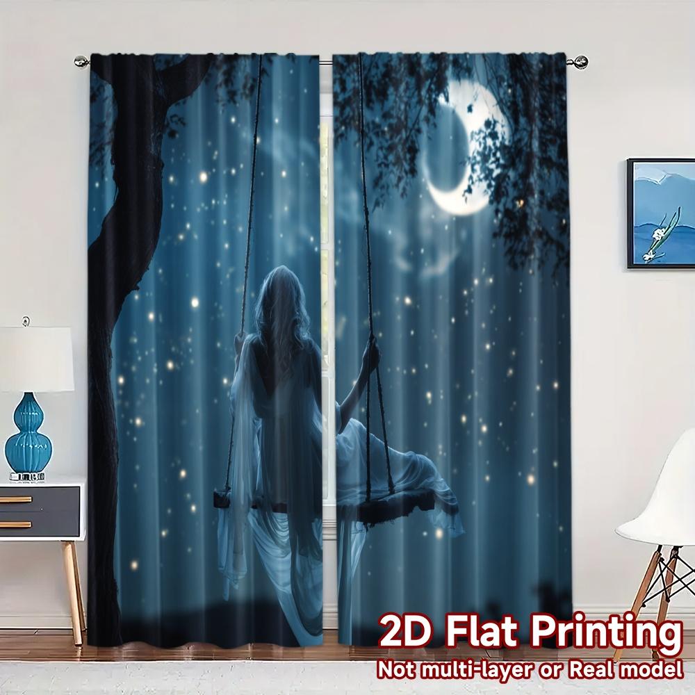 

Set Of 2 Contemporary Flat Printing Curtains Without Rod Moonlit Specter Chic Versatile Polyester Curtain Made W100*H70(CM)-Grommet top&2PCS