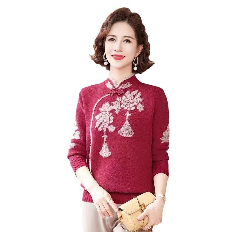 Mom winter clothes fleece thickened sweater women's integrated fleece warm bottoming shirt middle-aged autumn and winter with knitted top