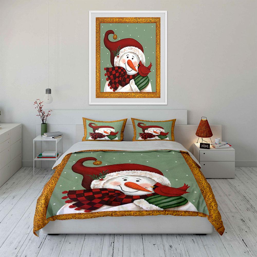 Snowman with Cardinal Design Bedding Duvet Cover Set Duvet Cover Pillowcases (1*Duvet Cover 2*Pillowcases, Without Duvet Insert)