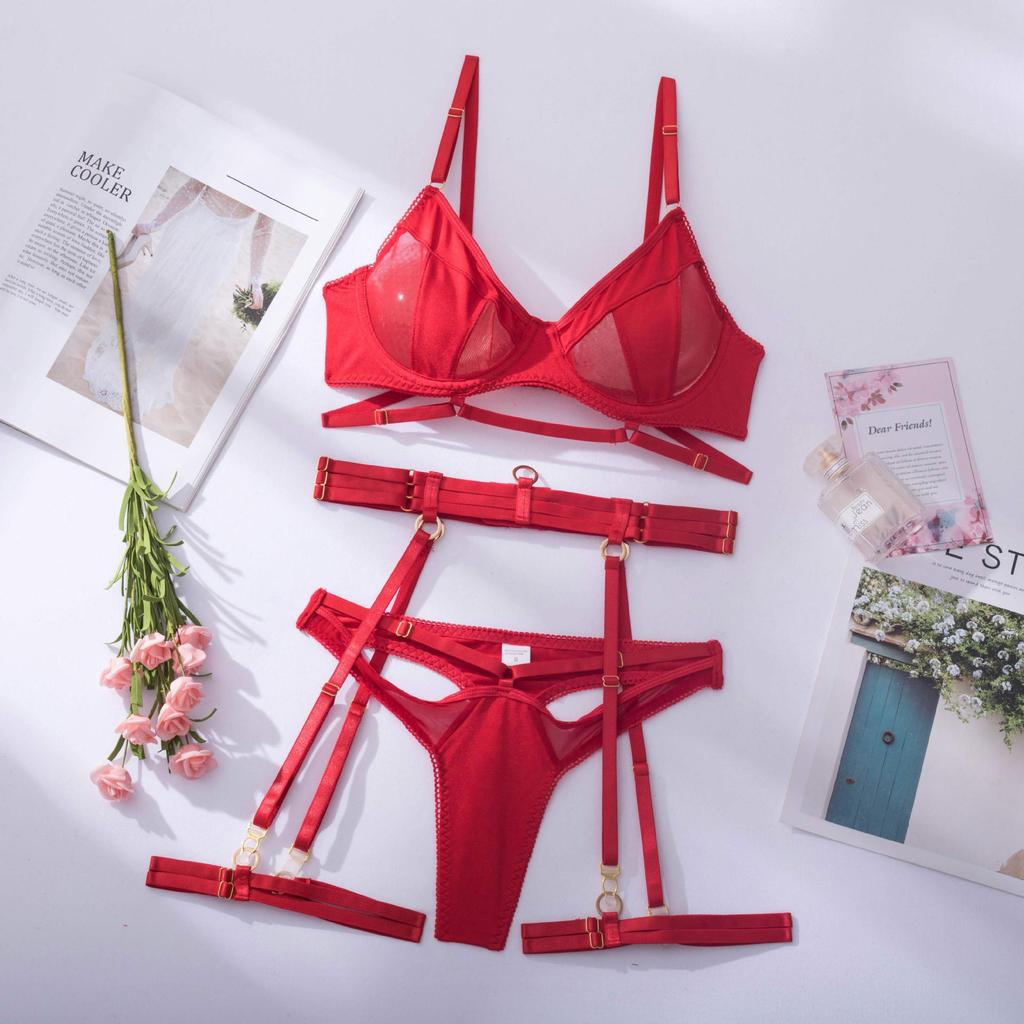 Women Push Up Mesh Bra Garter Bandage Sexy Lingerie Set Transparent Patchwork See Through Erotic Set Mesh Brief Kit
