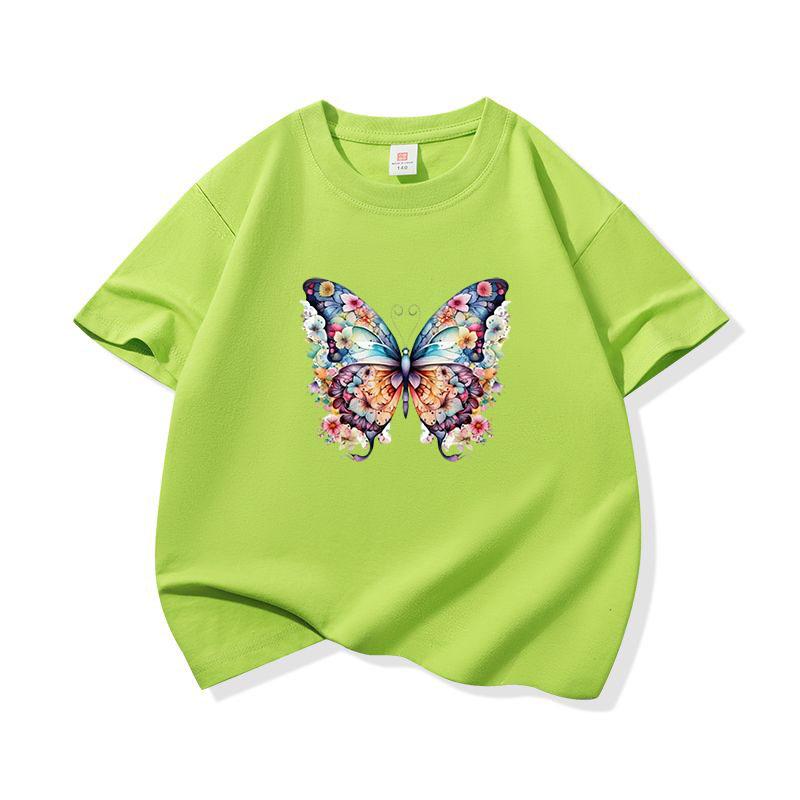 Kids Cotton T Shirt Colorful Floral Pattern Butterfly Print Crew Neck Short Sleeve Tee Casual Boys Girls Summer Tops