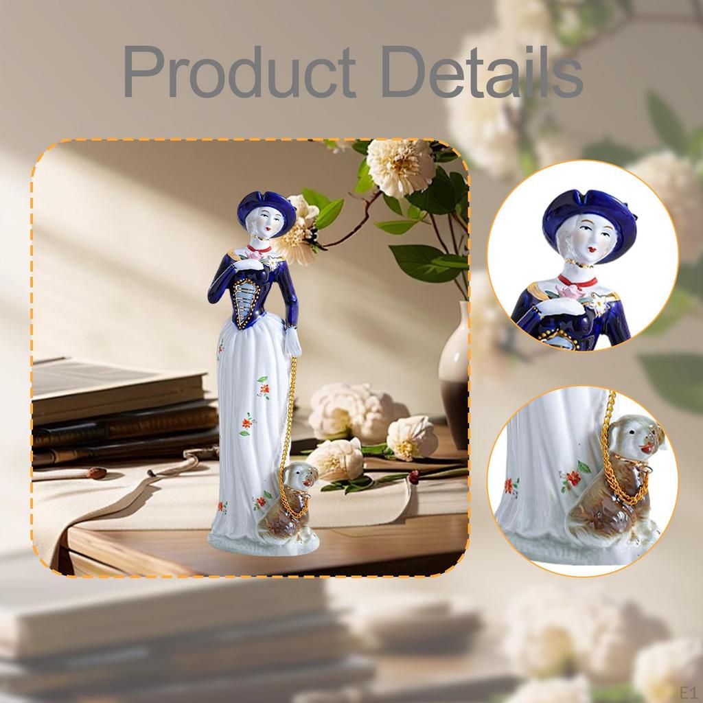 Ceramic Lady and Dog Statue Girl Figurine Collection Elegant for Cabinet Living Room