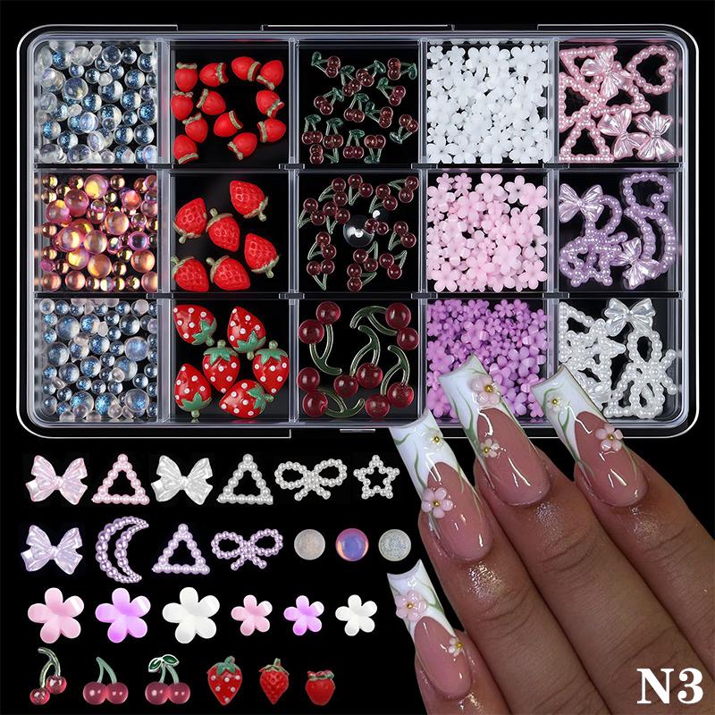 12/15 Grids/Box 3D Nail Art Decoration Kit With Resin Bowknot Pearls Heart & Assorted Shapes Kawaii Nail Charms DIY Manicure Art