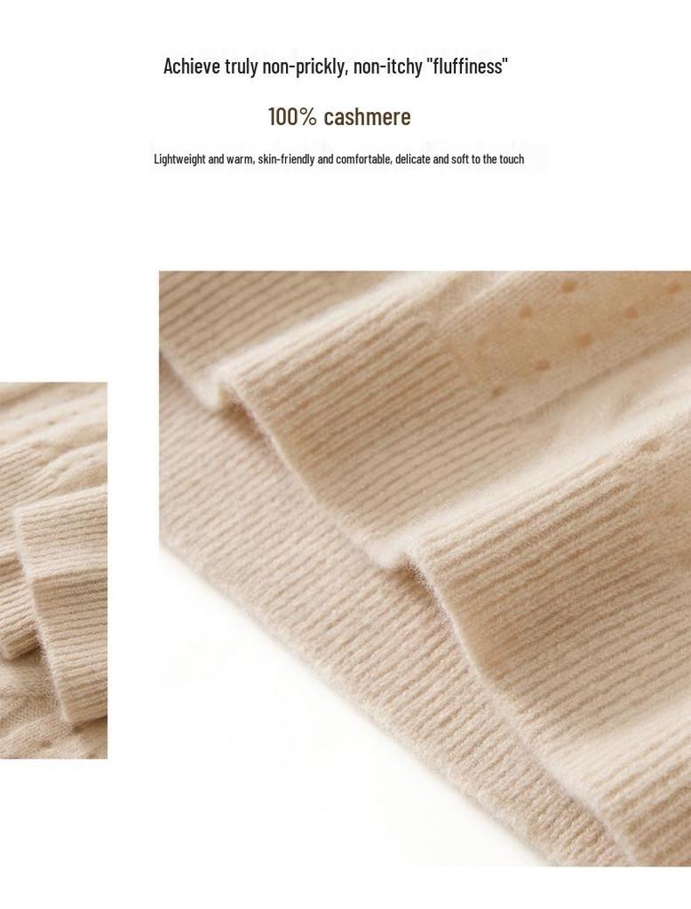 2025 Autumn/Winter Women's 100% Cashmere Round Neck Hollow Cable Knit Casual Loose Pullover Sweater