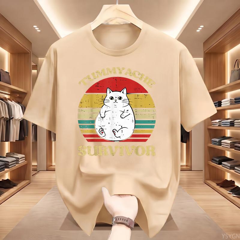 Ladies Funny Cat Tee Tummyache Survivor Printed Short Sleeve Casual Summer Top for Retro Style Lovers Clothing
