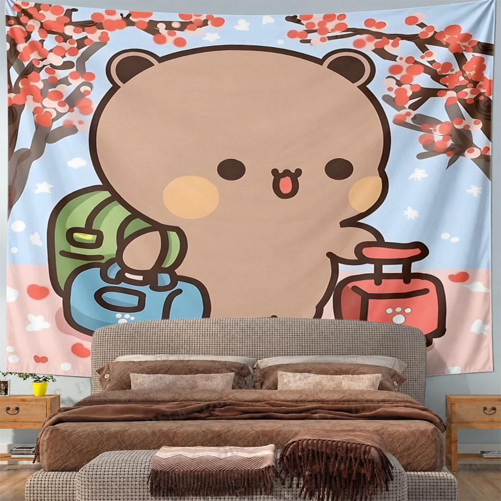 Cute Bear Traveling with Luggage Pattern Wall Hanging Tapestry Decorative Tapestry Home Decor for Bedroom and Living Room