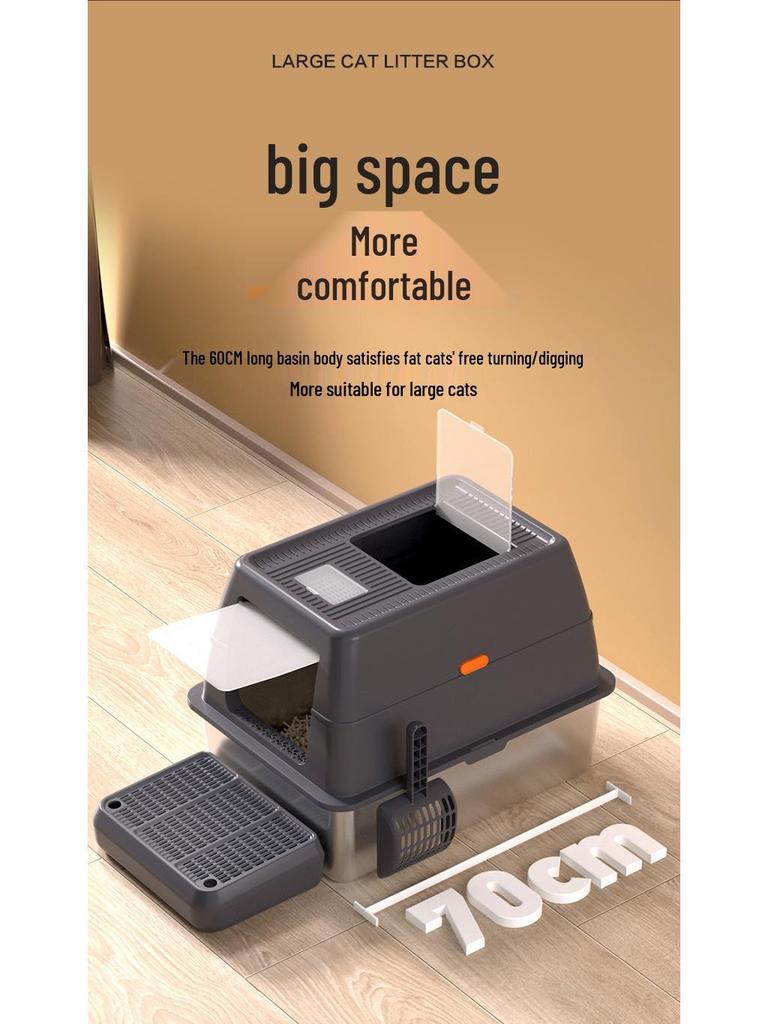 Stainless Steel Cat Litter Box with Anti-Splash Top-Entry Lid, Sizes S-XXXL.