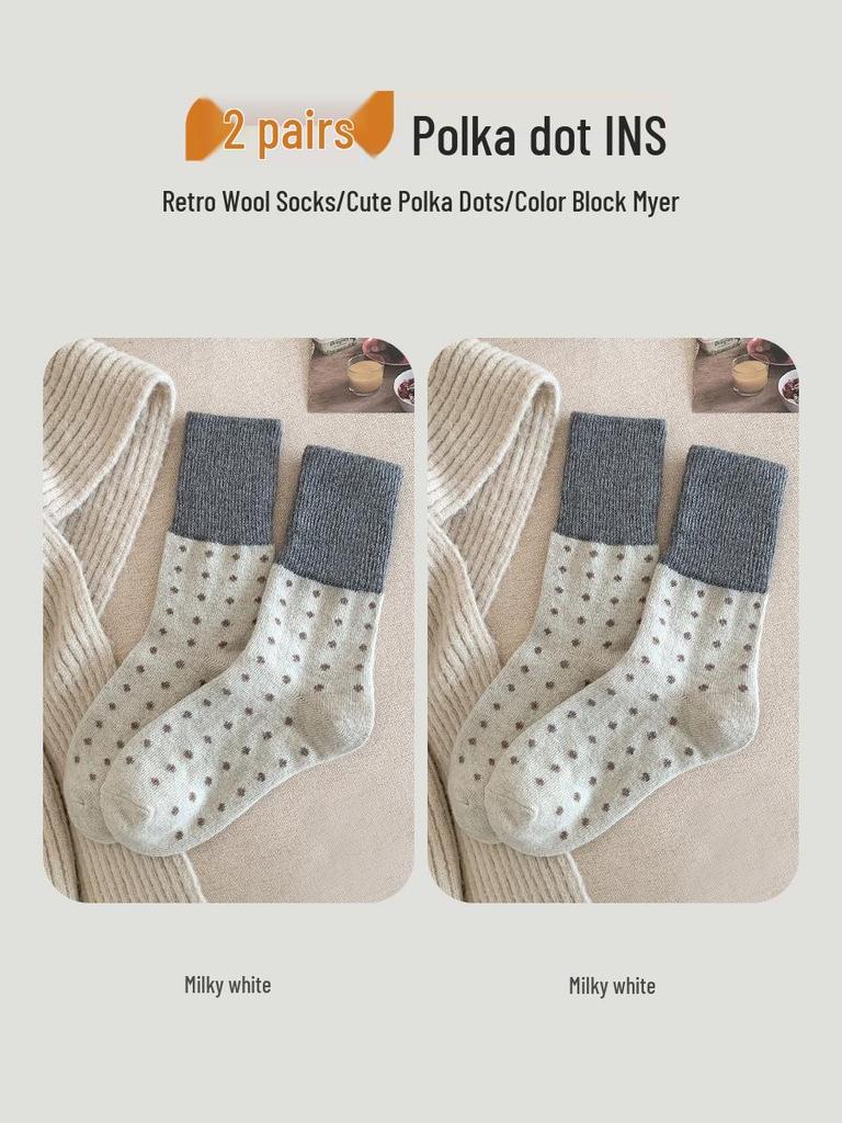 Women's Retro Polka Dot Mid-Calf Cashmere Socks - Warm & Thickened for Autumn/Winter