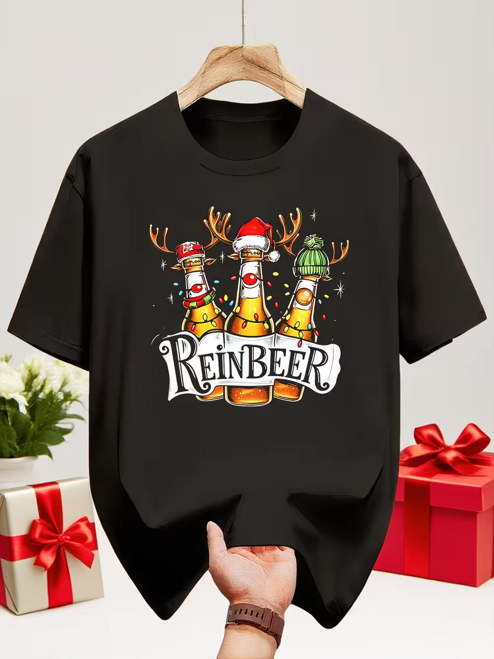 Beer Christmas Party Reindeer Santa Fun Gift Black T-Shirt S