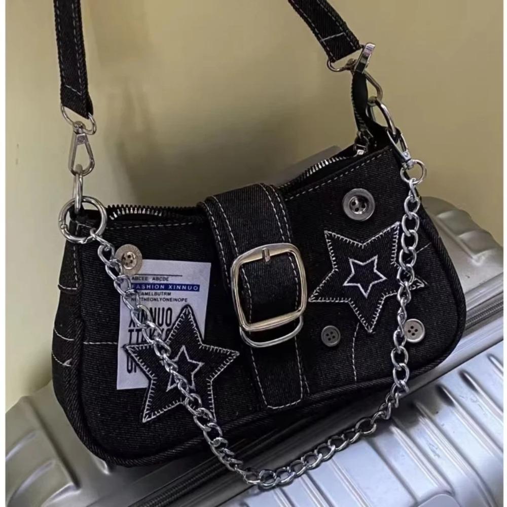 Y2k Fashi Women's Handbags Stars Pattern Cool Girls Underarm Bag Vintage Canvas Female Small Shoulder Bags Chain Tote Purses