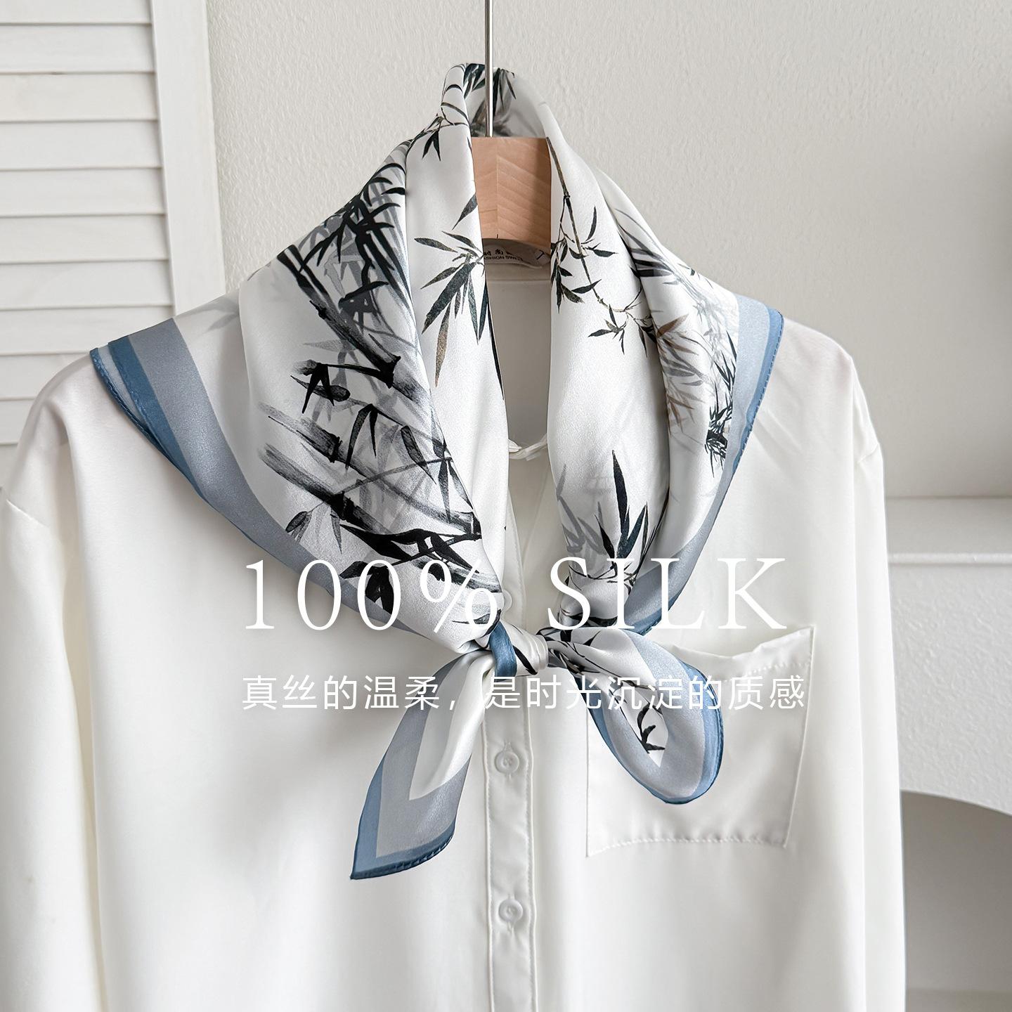 Women Mulberry Silk Chinese Style Ink Bamboo Thin Decorative Small Square Scarf 6666cm чёрный
