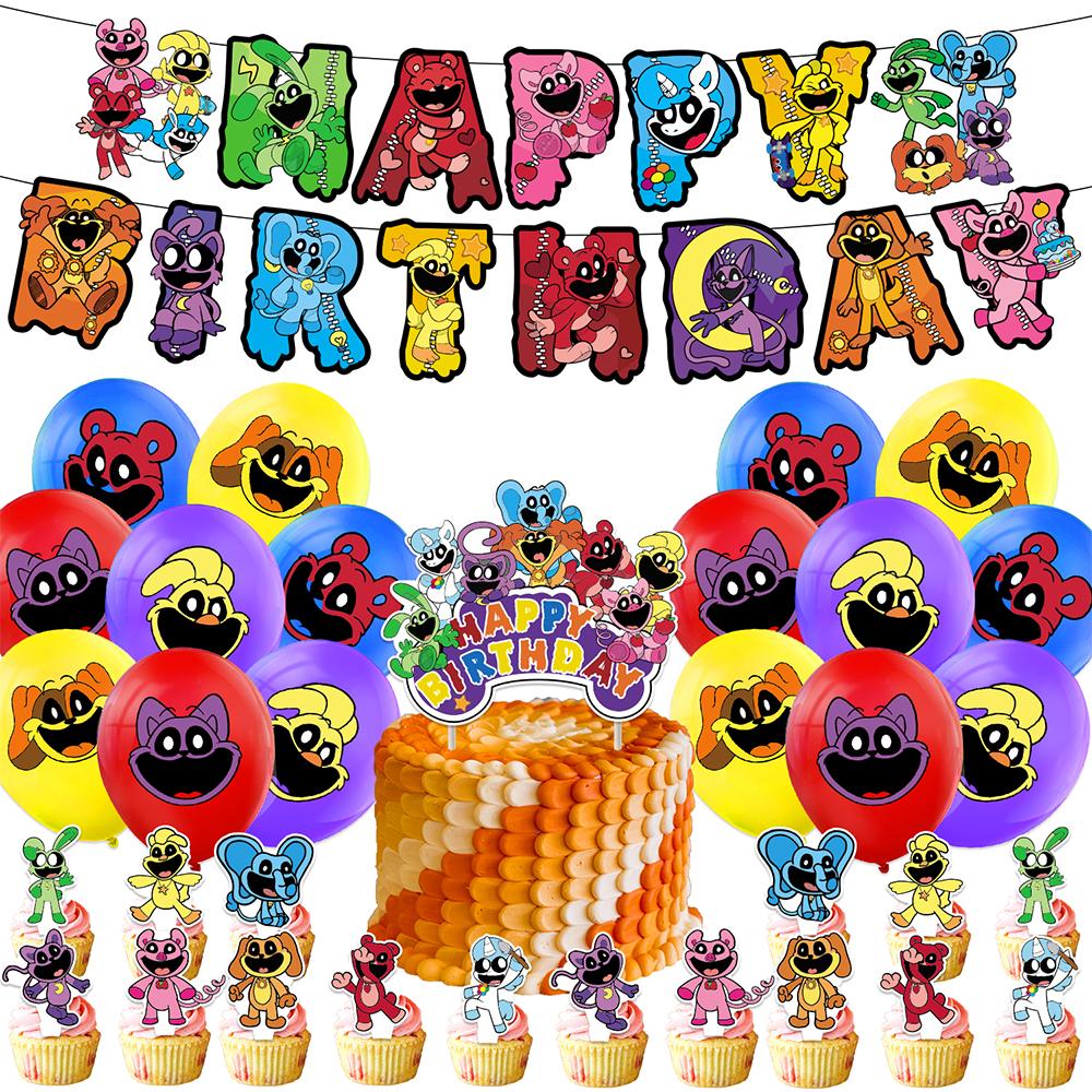 

34Pcs Smiling Critters Theme Party Supplies W/ A Banner, Cake Toppers, Balloons