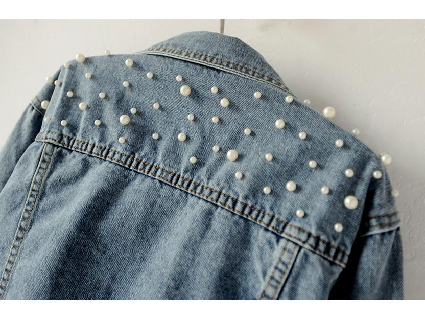Jachetă de blugi cu mărime plus pentru femei, cu mărgele și strasuri - Trendy, largă, stil studențesc