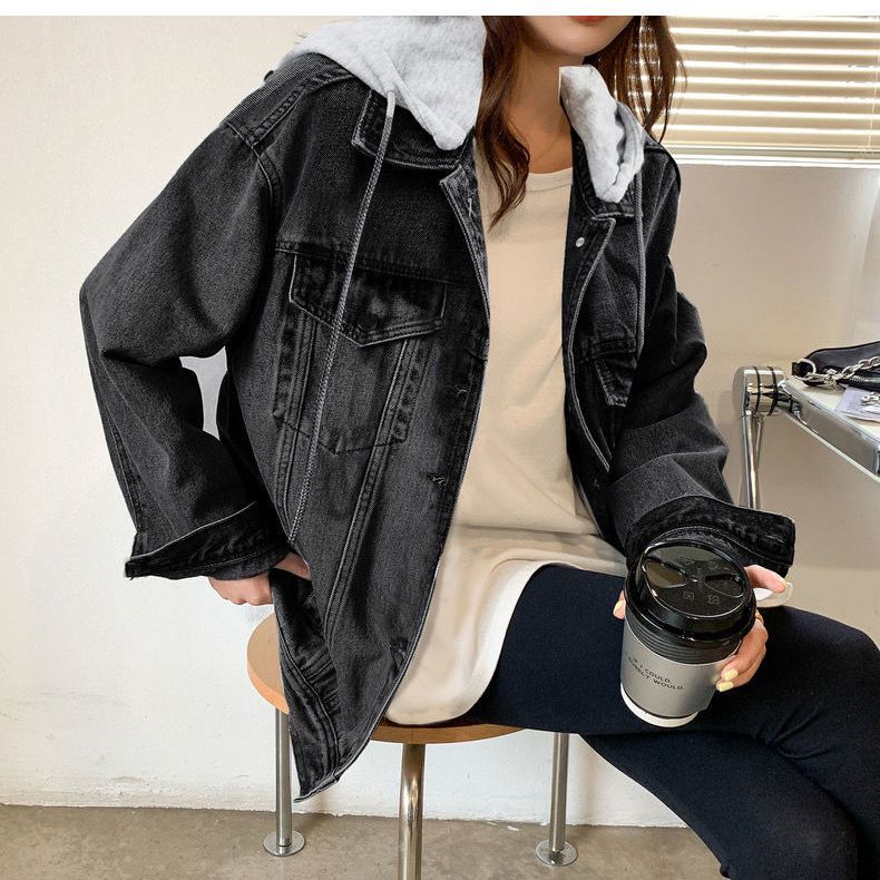 

Spring Autumn Vintage Hooded Cowboy Jacket Women Korean Loose Versatile Long Sleeve XXL чёрный