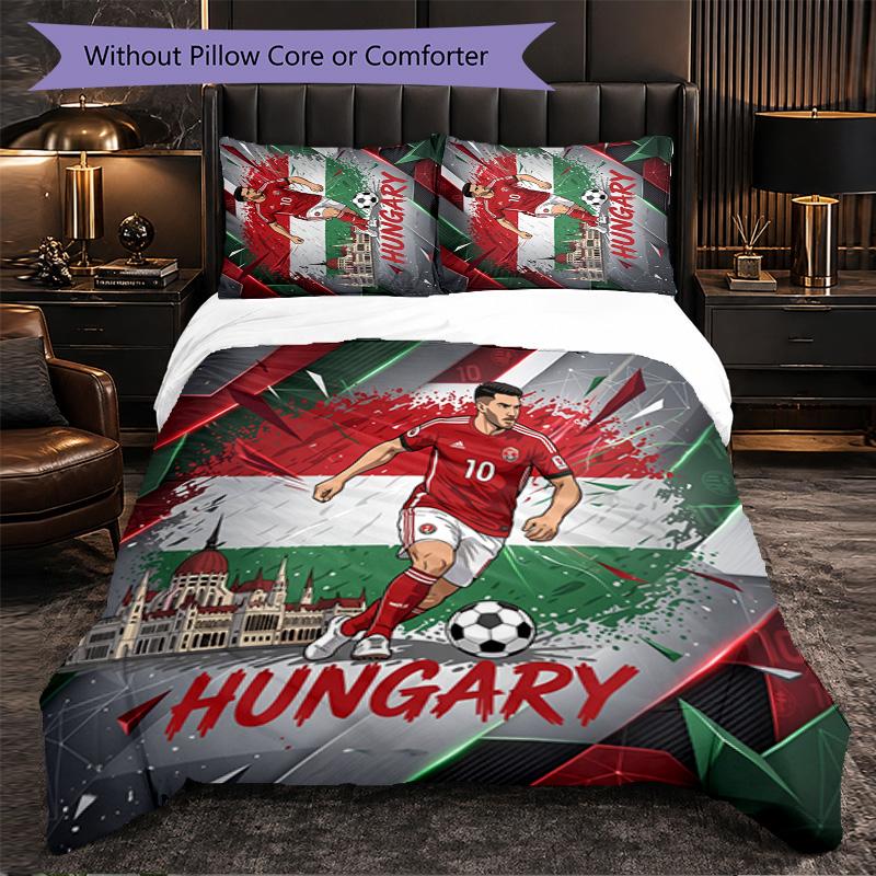 Hungary Football Pattern 3 Pieces Bedding Set Soft Microfiber Duvet Cover with Pillow Cases for Bedroom