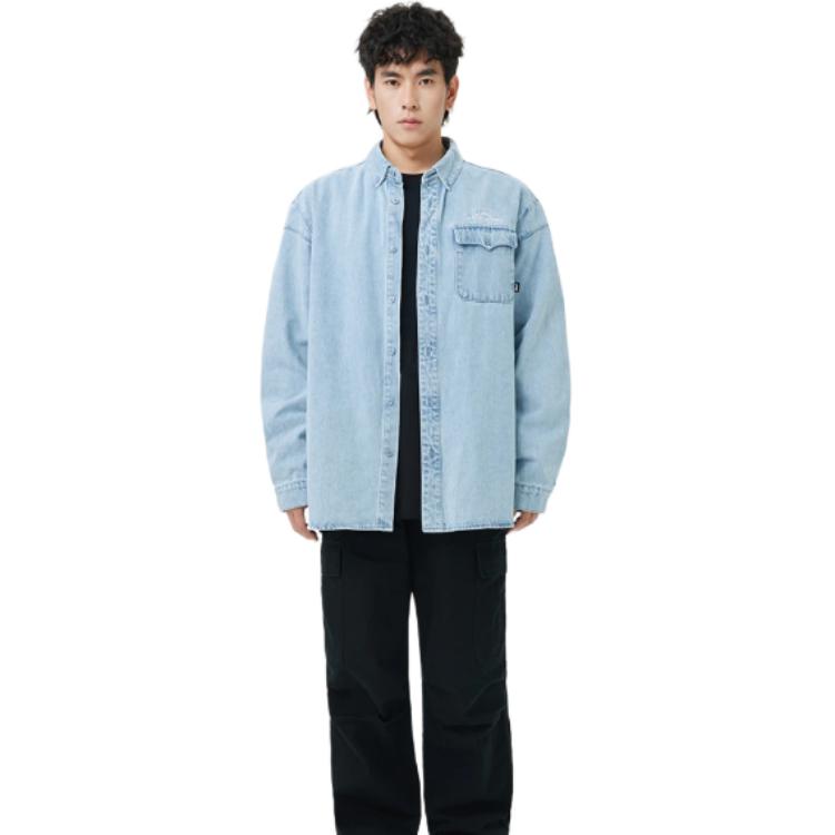 Li Ning Golden Era Washed Letter Pattern Printed Single-Breasted Denim Long Sleeve Shirt Men shirts Light-Blue ASHT023-2