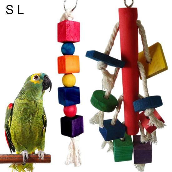 Pet Bird Parrot Wood Blocks Cotton Rope Cage Hanging Standing Play Chew Toy