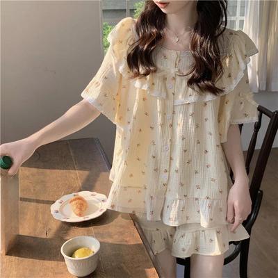 Summer Ladies Pajamas Loungewear Set Princess Style Sweet Lace Small Floral Short Sleeve Shorts Loose Plus Size Loungewear
