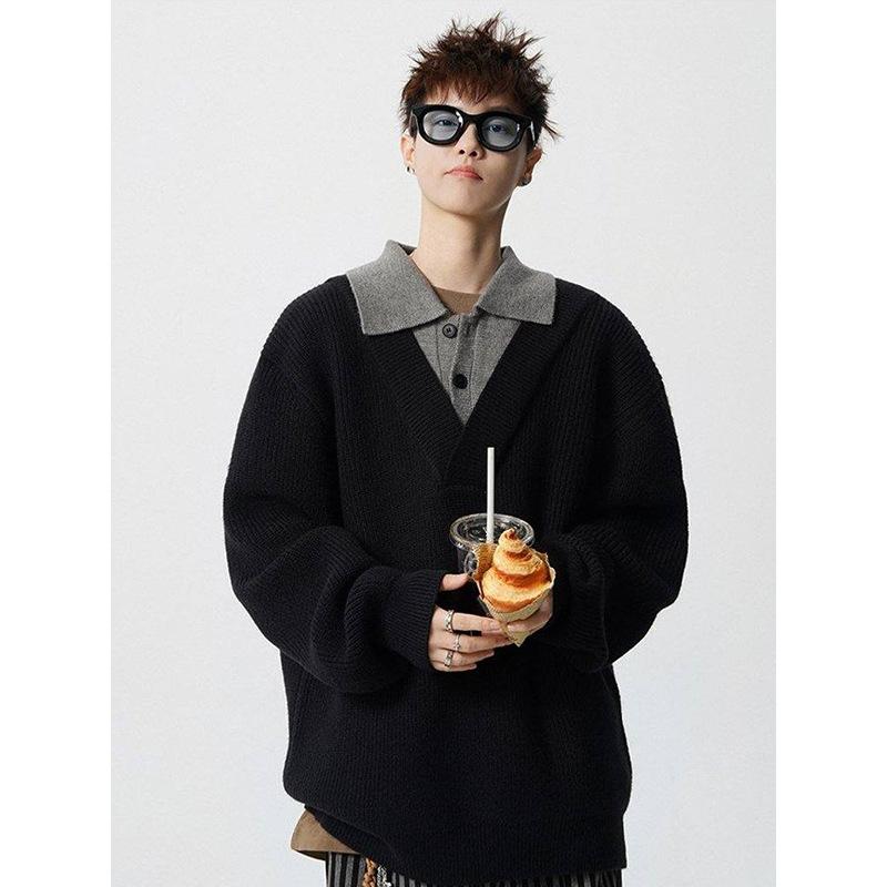 Американский ретро свитер-поло с имитацией двойки мужской осенне-зимний ленивый стиль cleanfit свободный повседневный вязаный свитер M